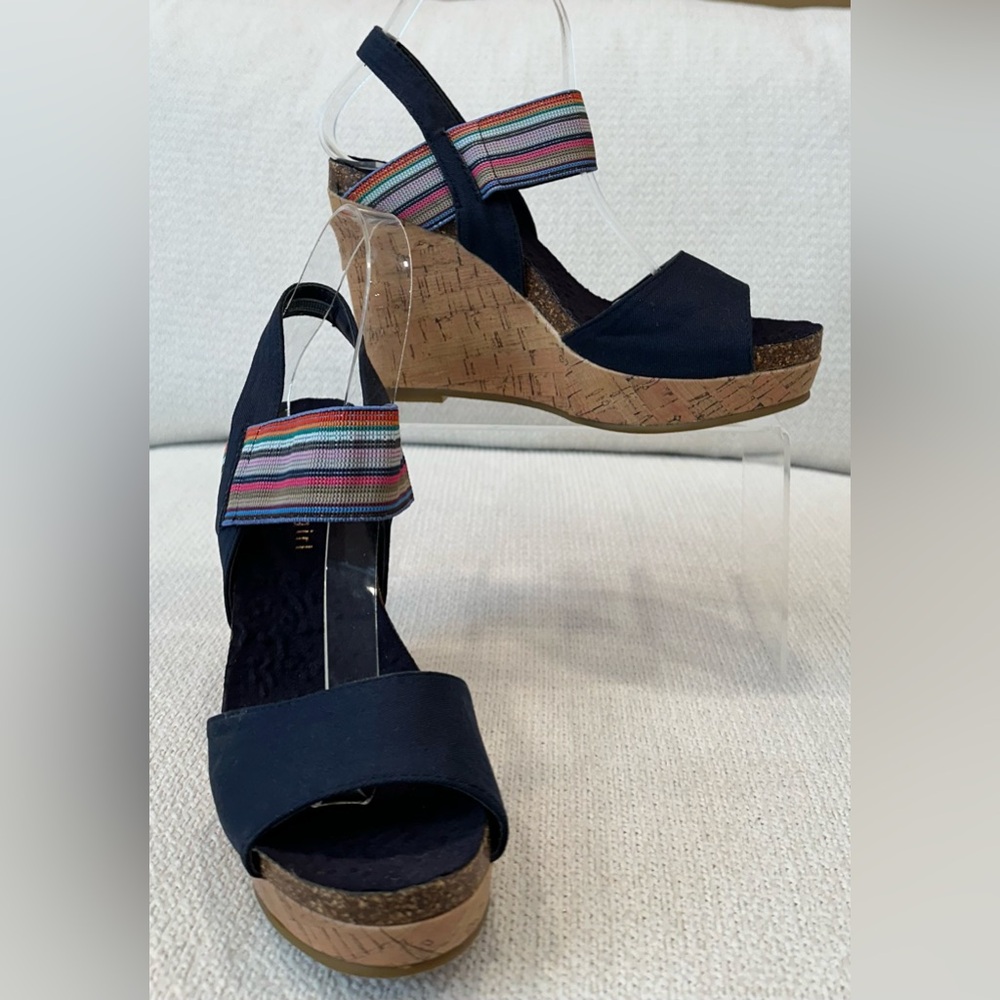 New Madden Girl Feliciti Navy Blue & Multicolor Wedge Sandals w Cork Bases~7.5